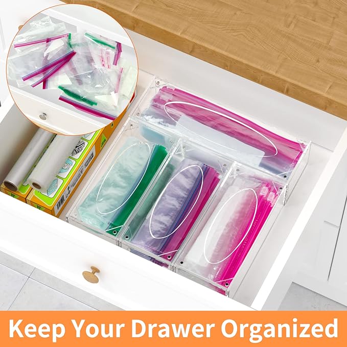FEMELI Food Bag Storage Organizer Acrylic Kitchen Drawer Baggie Box Clear | 4 Separate Pack Compatible with Gallon, Slider Quart, Freezer, Sandwich, Snack, Variety Size Bags - Image 3