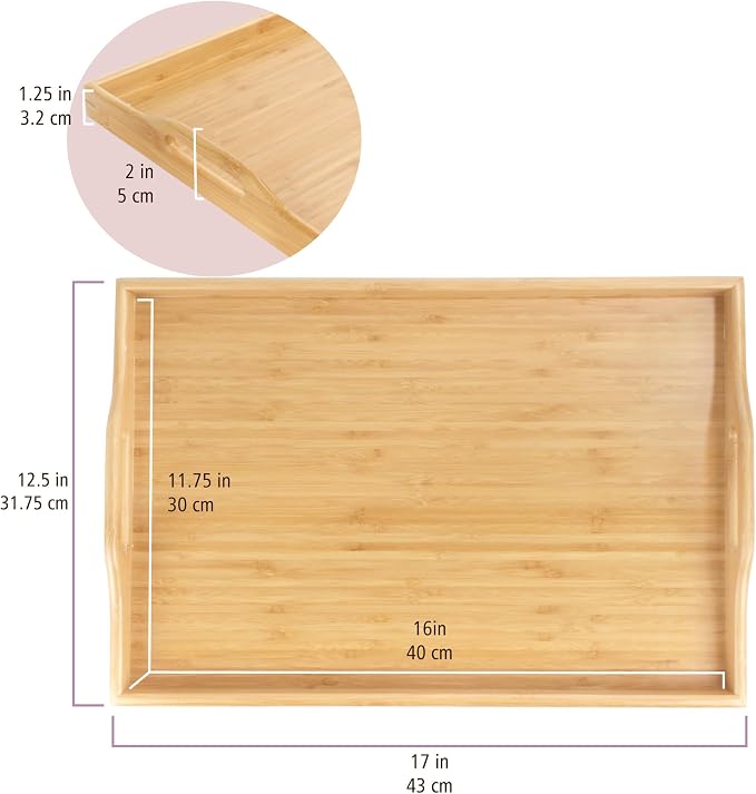 BambooMN Organic Bamboo Serving Tray with Handles, Breakfast Tray, Serving, Eating, Kitchen, Vanity, 17" x 12.5" x 2" - 1 Tray - Image 4