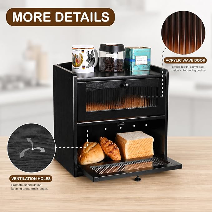 Large Wooden Bread Box for Kitchen Countertop, 2-Tier, Black | Clear Acrylic Window Spacious Bread Storage Farmhouse Style Pantry Organization For Homemade Bread and Bagels - Image 4