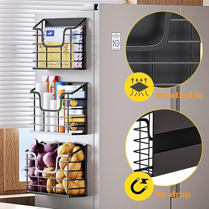 Magnetic Shelf for Fridge, 3 Pack Metal Fridge Organizer Baskets, Magnetic Cup Holder for Refrigerator, Fruit & Snack Storage, Magnetic Bin for Potatoes, Letters, Magazines, Kitchen & Laundry Room - Image 6