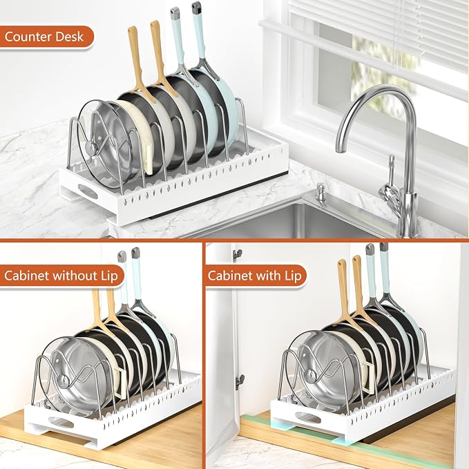 1 Pack | Adjustable Pots and Pans Organizer Under Cabinet with Drip Tray, Pull-Out Pot/Pan Lid Organizers Inside Cabinet, 20.5” Deep Carbon Steel Pan and Pot Racks with 9 Dividers for Countertop. - Image 7