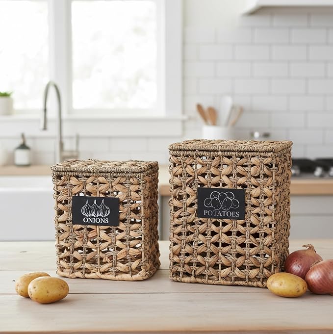2 Pack Potato and Onion Storage, Onion Container Potato Bin with Lids, Handwoven Vegetable Storage Produce Basket, Mesh Basket with Aerating Holes, Kitchen Pantry Organizer and Storage - Image 4