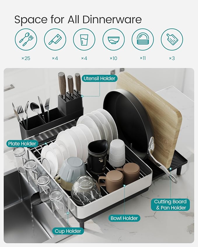 SONGMICS Large Dish Drying Rack, Expandable Dish Dryer for Kitchen Counter, Stainless Steel Dish Rack with Rotatable Spout, Utensil, Cup, Glass, Cutting Board, Pan Holders, Silver and Black UKCS037B01 - Image 6