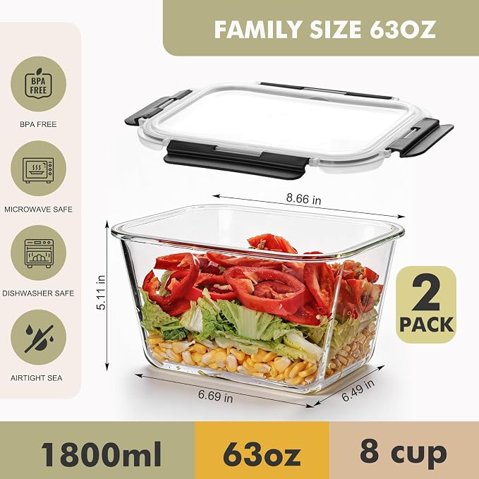 Liuruiyu 2 Pack Large Glass Food Storage Containers with Lids, 63oz Big Meal Prep Containers, Airtight Bento Boxes with Leak Proof Locking for Microwave, Oven, Freezer and Dishwasher, BPA Free - Image 2