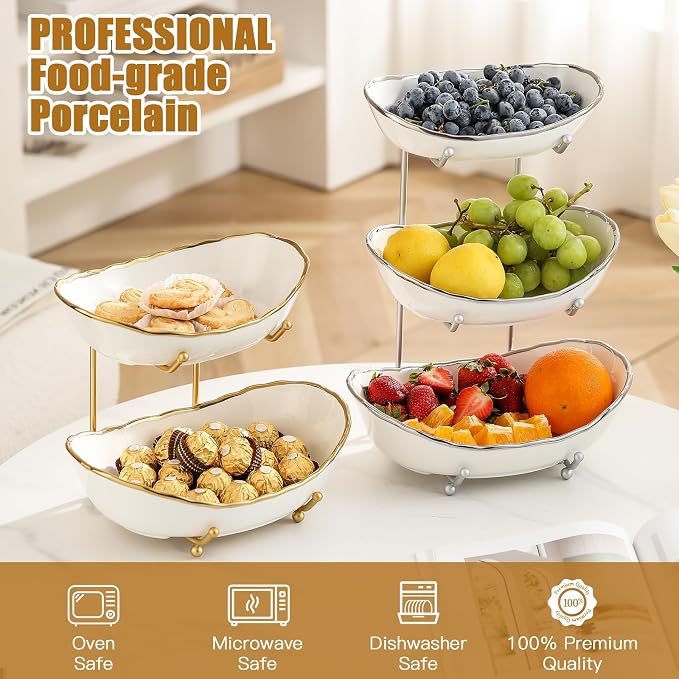 Ceramic Fruit Bowl for Kitchen Counter - 3 Tier Fruit Basket with Metal Stand, Tiered Fruit Stand for Countertop, Snack, Nuts, Cake, Dessert, Small & Cute (Silver-rimmed) - Image 2