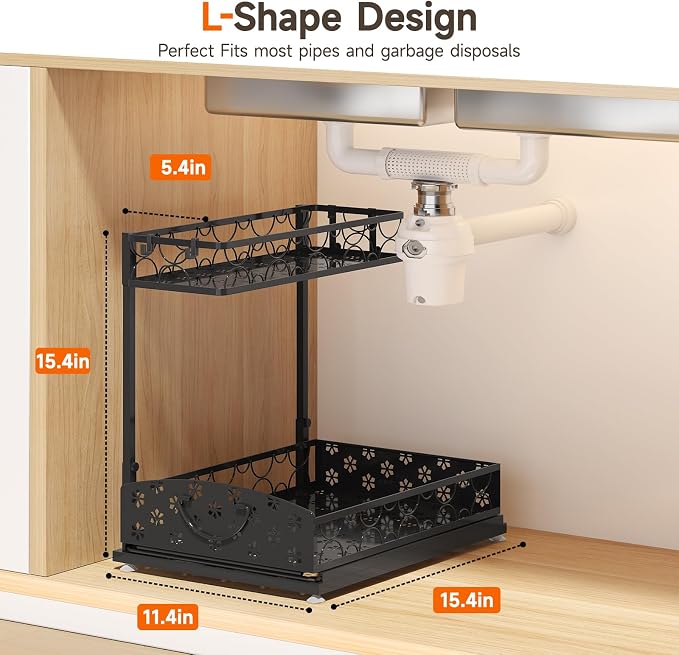 2-Pack 2-Tier Height Adjustable Under Sink Organizer & Storage | Multi-purpose storage for kitchen & bathroom cabinet. Extra Large metal shelf, height adjustable design for space-saving. - Image 2