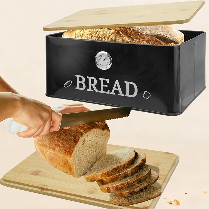 Black Bread Box for Kitchen Countertop with Bamboo lid, Hygrometer Kitchen Organizer for Sourdough, Buns, and Loaves, Bread Storage Container - Image 5