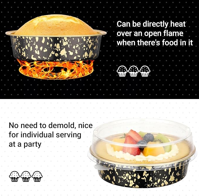 Beasea 7.3oz Cheesecake Pan with Lids, 20 Pack 4 Inch Round Aluminum Foil Disposable Tart Tins, Cupcake Container with Lids Mini Pie Tart Pans Baking Cups For Pizza Quiche - Black Gold Speckles - Image 3