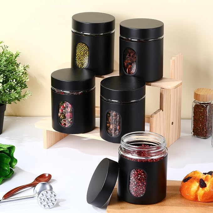 Patelai 6 Pack Kitchen Canisters Set 20 oz Airtight Stainless Steel Canister Food Storage Container with Window Glass, Coffee Sugar Candy Jars Tea Organizer for Flour Cookies Spice Kitchen (Black) - Image 3