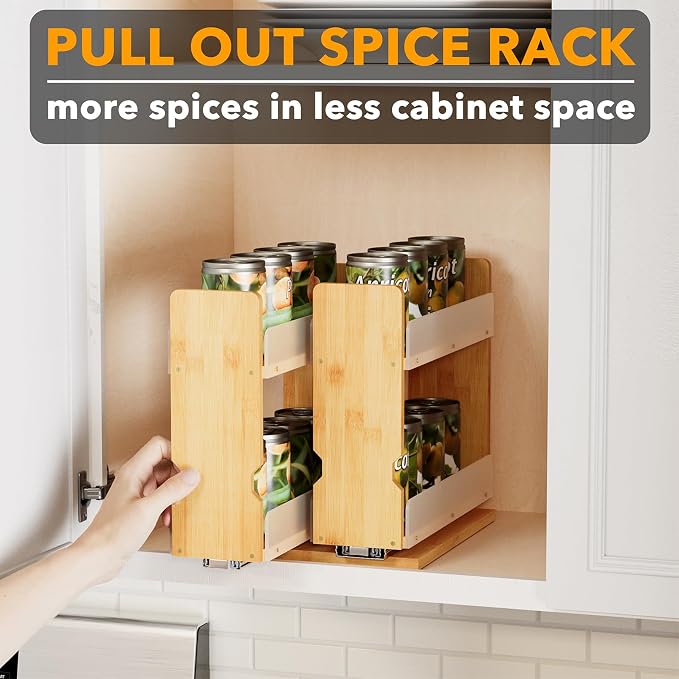 SpaceAid Bamboo Pull Out Spice Rack Organizer for Cabinet, Heavy Duty Slide Out Seasoning Kitchen Pantry Sliding Vertical Organization, 7.3" Wide, 2 Drawers(3" Wide), 2-Tier, Natural - Image 5