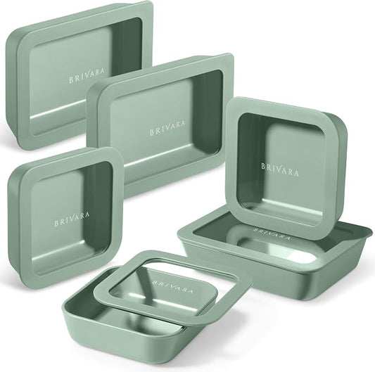12-Piece Glass Meal Prep Containers Set with Lids (6 Containers + 6 Lids) | Microwave-Safe Airtight Seal, Oven-Safe Ceramic-Coated Glass | Zero Plastic, No PFAS/PFOA/BPA [Willow] by BrivaraHome