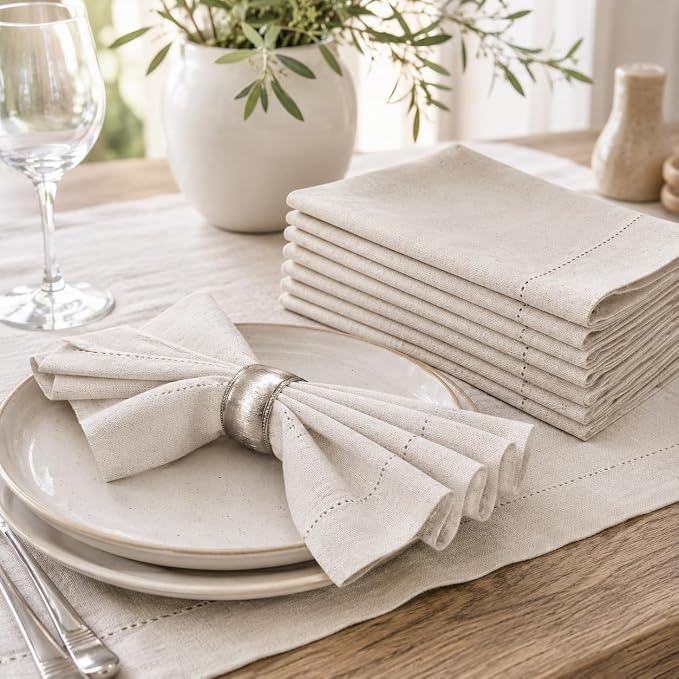 Linen Flax Cotton Cloth Dinner Napkins Set of 12 – 18x18 | Natural Fabric with hemstitched Mitered Corners – Machine Washable Wedding, Cocktail & Party table Napkins - Image 6
