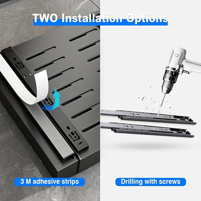 Mustorn 2 Pack Pull Out Cabinet Organizer, Expandable Slide Out Drawers for Kitchen Cabinets Peel and Stick Pullout Drawer Heavy Duty Sliding Shelves for Cupboard, Pantry, Bathroom(16.5" Deep, Black) - Image 6