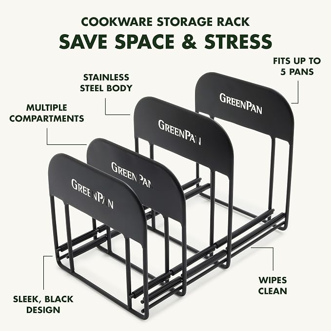GreenPan Stainless Steel Wire Cookware Storage Rack, 5 Frying Pan Compartments, Countertop or Cabinent Organizer, Minimizes Clutter, Fast Drying, Wipes Clean, Black - Image 4