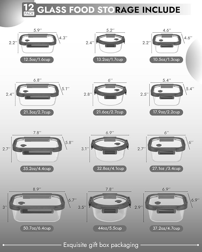 12-Pack Glass Containers with Tempered Lids – Borosilicate, Oven-Safe(-4°F~950°F), Airtight, BPA-Free, Multi-Size for Meal Prep, Dishwasher Safe, 1.6 cups to 6.4 cups (Gray) - Image 2