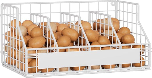 Egg Basket, Stackable Wall Mount Egg Holder Countertop with Weekday Labels | Rustproof carbon steel basket with adjustable dividers, ideal for backyard poultry, small kitchen & pantry storage, 1T White by FAMIDGE