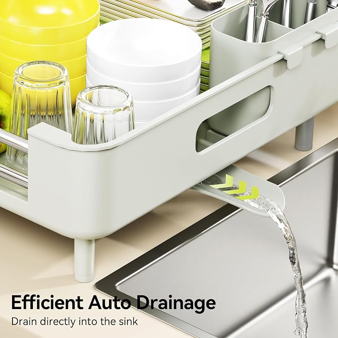 Urackify Extendable Stainless Dish Drying Rack for Kitchen Counter | 13.78"W x 18.7"L, Foldable Drainboard for Space Saving, Knife and Utensil Holder, Fast-draining Spout, Soft Celery Green - Image 7