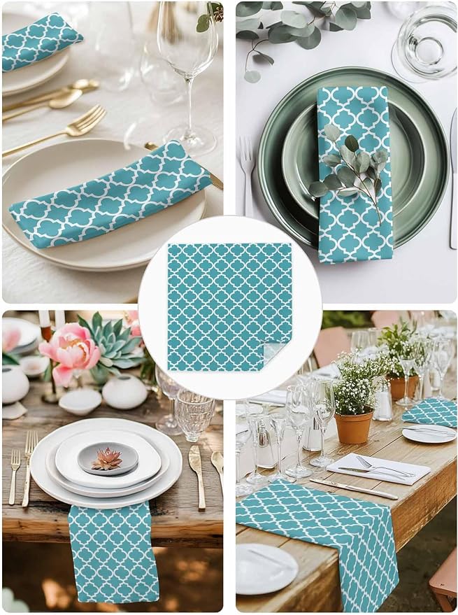 Cloth Napkins Set of 4-20x20 Inches, Turquoise Morocco Washable Reusable Table Napkins, Boho Ethnic Traditional Geometric Soft & Absortbent Dining Napkin for Party Wedding Hotel Restaurant - Image 4