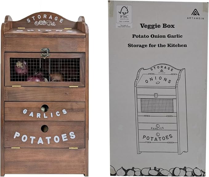 ARTAWEIN Pine Wood Veggie Bin for Potato, Onion and 1 Garlic Drawer Vegetable Box for Kitchen Storage, Solid Wood Vegetable Bin 13.77" L X 7.1" W X 29.3" H (Rustic Walnut) - Image 7