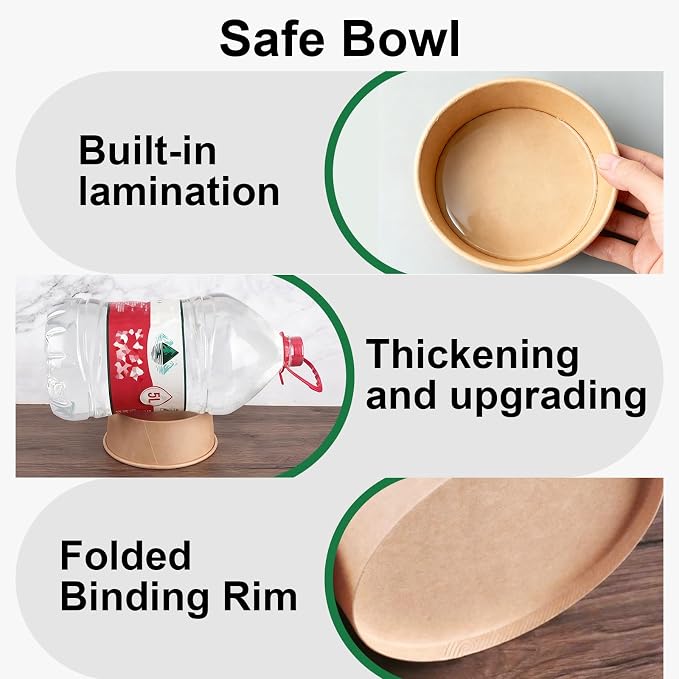 34 oz Disposable Paper Bowls Round [No Lid] 74PK, Microwave Serving Deli Containers, Salad Dressing Container for Lunch, Sturdy for Soup Toppings Snack Camping Family - Image 3