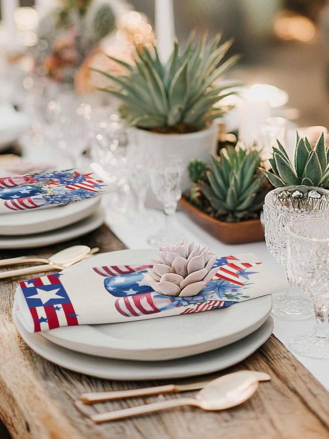 Poppy Flower Patriotic Flag Cloth Napkins Set of 8 - Washable Dinner Napkins Reusable Table Napkins for Home Party Weeding Dining Table Setting Decoration, Independence Day Red Blue Oversized 20"x20" - Image 4