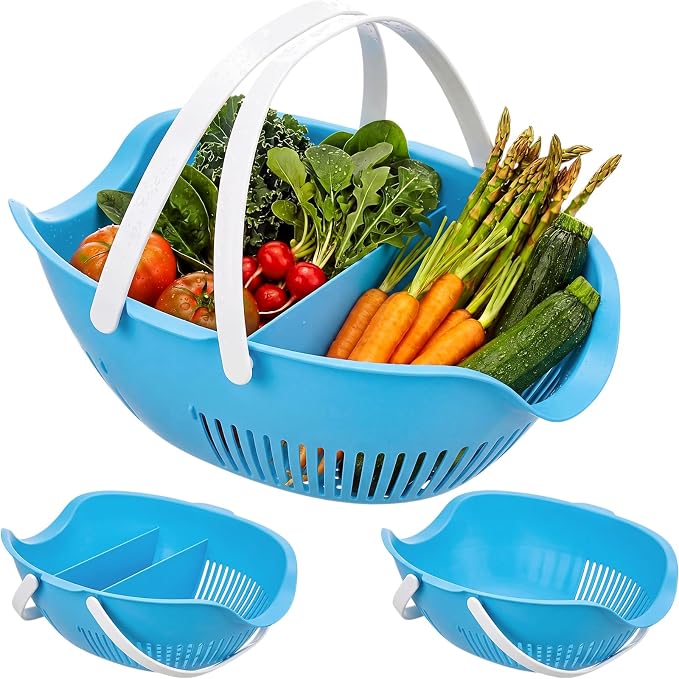 Nuogo 3 Pcs Garden Harvest Basket Removable Partitions with Tool Caddy for Collecting Carrying and Cleaning Harvesting Basket Doubles Colander for Vegetables and Fruits Garden Accessories(Blue) by Nuogo
