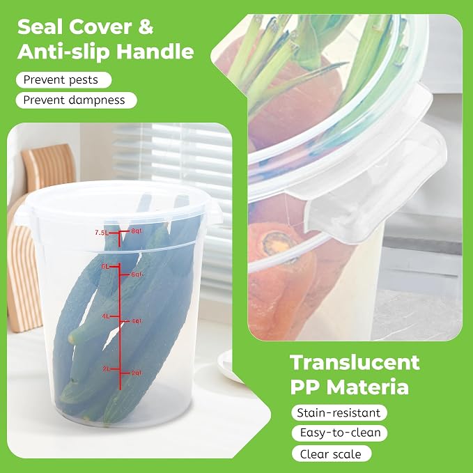 BIEAMA 4 Pack 8 Qt Round Food Storage Containers with Lids, Translucent PP | Include lids, labels, measuring cups and containers with capacity markings for food prep, pantry storage and dough proofing. - Image 5
