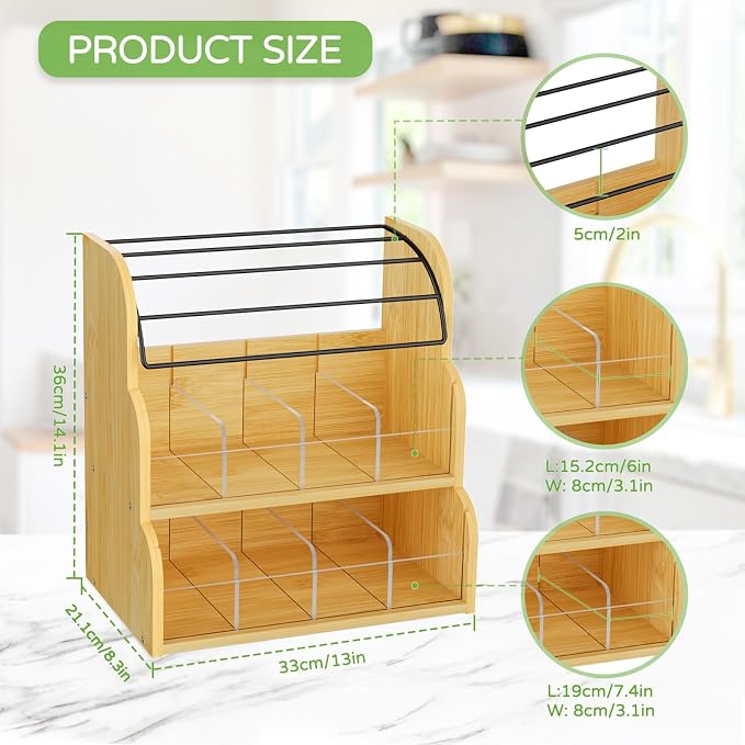 LASZOLA Bamboo Tea Bag and Coffee Holder Organizer for Cabinet Counter | 3 Tier Large Capacity, Vertical K Cup and Tea Packet Storage Rack, Sturdy Display Stand, Easy Assemble - Image 2