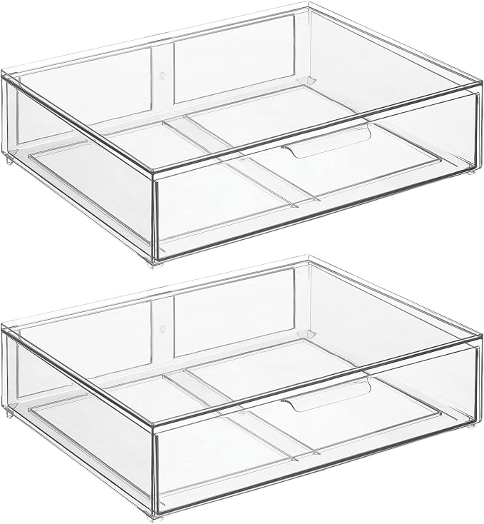 mDesign Wide Plastic Stackable Bathroom Storage Organizer Bin with Pull Out Drawer for Cabinet, Vanity, Shelf, Cupboard, Cabinet, Countertop, Closet Organization - Lumiere Collection - 2 Pack - Clear - Image 9