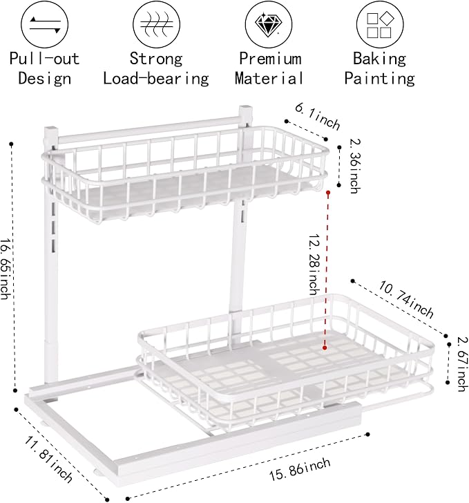 Under Sink Organizer, Adjustable Height Pull-Out Kitchen Storage Organization,15.8" x 11.8" x 16.5", 2-Tier Kitchen Shelf, Bathroom Drawer Organizer, 2 Pack|White - Image 2
