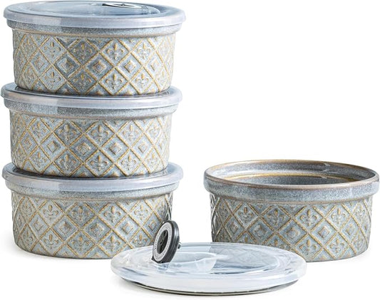 Ceramic Bowls with Lids set of 4, Soup Bowls, 28 oz Ramekins Baking Dishes for Kitchen, Food Storage Container Bowls Oven Safe, Bowls for Salad, Snack, Oatmeal, Fruit, Gifts, Grey by MISSYSSIM