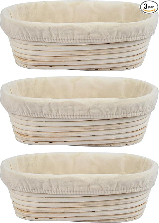 3Pcs Banneton Bread Proofing Basket, 10 inch Oval Banneton Basket,Sourdough Proofing Basket,Bread Bowl Handmade Rattan Baskets and Liners for Professional & Home Sourdough Bread Baking by Unknown
