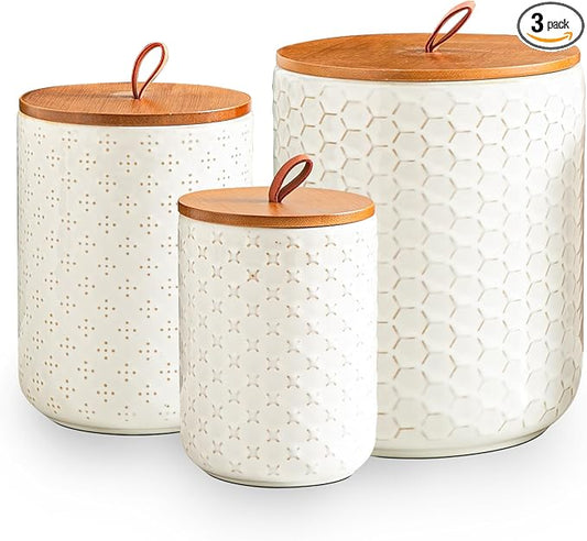 JOJUNO White Ceramic Canister Set with Wooden Lids – 3-Piece Airtight Food Storage Jars for Kitchen, Embossed Design, Small/Medium/Large Sizes (30/48/82 oz) – Flour, Sugar, Coffee, Tea Containers by Unknown