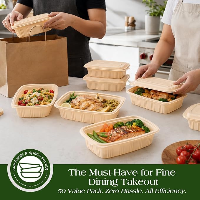 100 Piece (50 Pack) Meal Prep Containers with Lids,32 oz Resuable Cornstarch Material Salad Containers, Plant-based Lunch Boxes, Plastic Take Out Bowls BPA Free, Microwave Freezer Safe, Stackable - Image 7