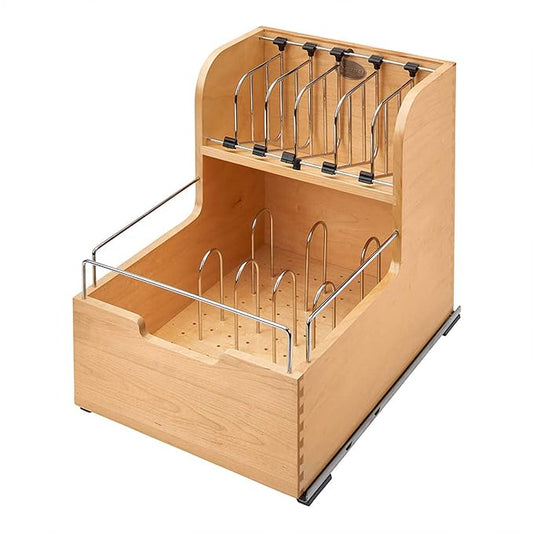 Rev-A-Shelf 18" Divided Storage Bin for Kitchen or Bathroom Cabinets, Food Storage Containers/Utensils Organizer w/Soft-Close, Wood, 4FSCO-18SC-1 by Rev-A-Shelf