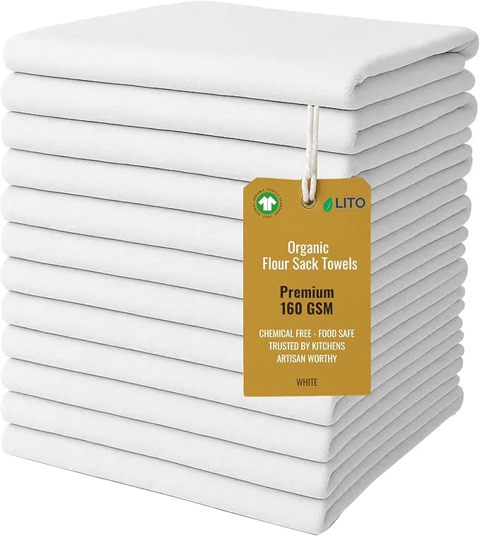 GOTS Certified 100% Organic Cotton Flour Sack | Tea Towel for Crafts| Kitchen Hand and Dish Towel Sets | Baking Bread Proofing Linen Cover| Super Absorbent | 12 Pack 28"x28" Extra Large | White by LITOLinenandTowel