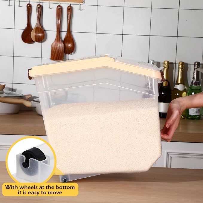 4 Pcs Rice Storage Containers Bulk Flour Sugar Container Wheels Measuring Cups Set Airtight Pet Dog Cat Birds Food Bin Grain Cereal Organizer Box for Dry Baking (Beige,38 lb) - Image 4