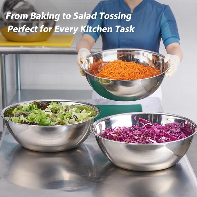 3 Piece Stainless Steel Mixing Bowls Set, 7.8/10/13.1 QT | Extra Large Stainless Steel Mixing Bowls Set, 7.8/10/13.1 QT, Nesting Metal Bowls with Flat Base for Baking, Dough & Catering - Image 6