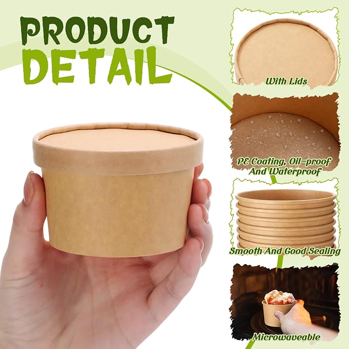 Fulmoon 100 Pack Paper Soup Containers with Lids Disposable Paper Food Containers with Vented Lid Kraft Ice Cream Cake Dessert Cups Soup Bowl for Party Hot Food Fruit Microwave(5 oz,Brown) - Image 4
