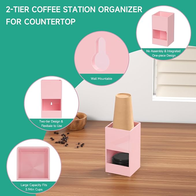2-Tier Coffee Station Organizer for Countertop, 2 Compartments Pink Acrylic Cup and Lid Holder Tea Condiment Storage Upright Coffee Bar Organizer Pod Dispenser for Office Breakroom Home Kitchen - Image 4
