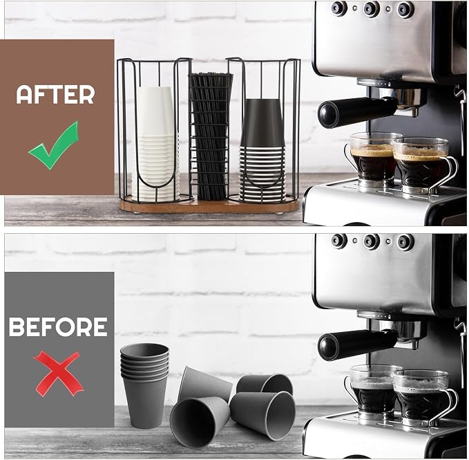 18oz Adjustable Coffee Cup Dispenser with Wooden Base, Cup and Lid Holder, Cups Holder Organizer for Coffee Pod Straw and Lid Storage(3-Compartment Single,Color 1) - Image 6