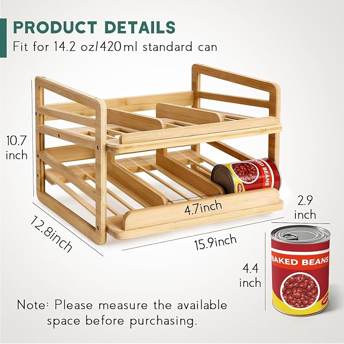 Rolling Bamboo Can Organizer Rack, Stackable Can Storage | Double-Layer Can Storage for Pantry, Canned Goods Holder Dispenser For Countertop Kitchen Cabinet or Pantry Shelf - Image 5