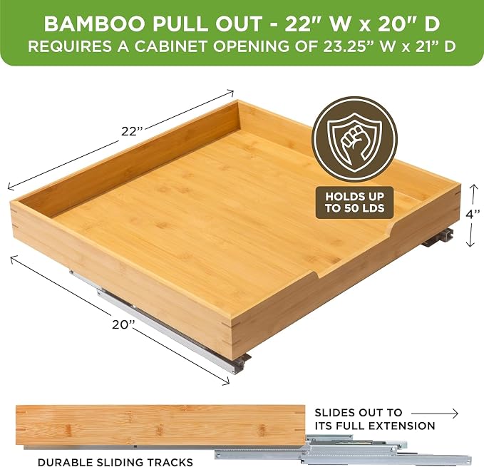 HOLDN’ STORAGE Bamboo Wooden Pull Out Cabinet Organizer 22"W x 21"D | Bamboo Tray and Heavy Gauge Metal Rails, W/Lifetime Limited Warranty, Fits 23.25"W x 21"D Cabinets - Image 3