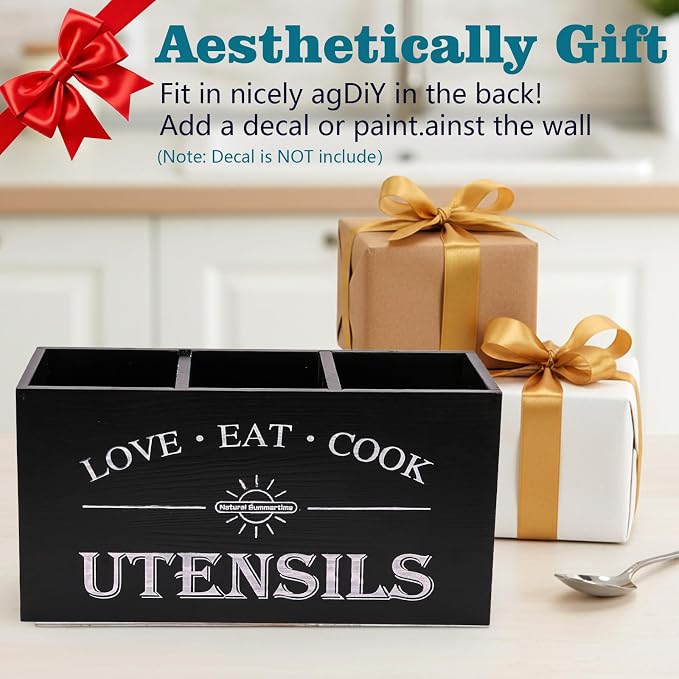 2 PC Wooden Utensil Holder,（With 4-Compartments size*1 + 3-Compartments size*1） Extra Large Kitchen Counter,Cooking Spatula Organizer,Farmhouse Decor, Rustic Cooking Utensil - Image 6