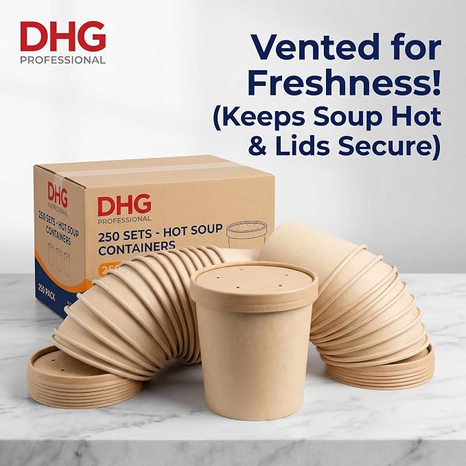 250 Sets Kraft Paper Food Containers With Vented Lids, To Go Hot Soup Bowls, Disposable Ice Cream Cups - Kraft - Image 2