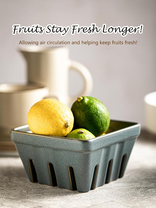 Gomakren Fruit Basket for Kitchen, Berry Washing Bowl, Ceramic Berry Basket Set of 2, Fruit Bowl with Holes, 5.7 Inch Square Berry Containers for Fridge, Table, Modern Kitchen Decor, Slate Blue - Image 4