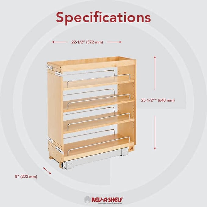 Rev-A-Shelf 448-BC-8C 8-Inch Base Cabinet Pullout Storage Organizer with Adjustable Wood Shelves and Chrome Rails - Image 2