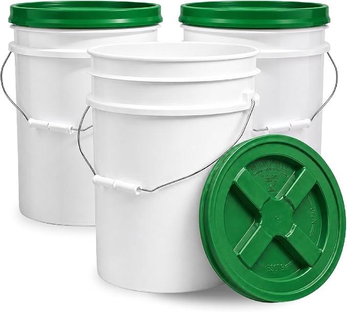 5 Gallon Bucket - Food Grade w/Lid BPA-Free, White/Green, 3 | Airtight Gamma Seal Screw-On Lid, Heavy-Duty 90 Mil HDPE Plastic, Food Safe and Durable Container, Bulk Storage, Made in USA by ePackageSupply