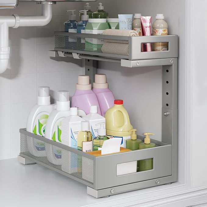 1 Pack-11.4"-16.14" H Under Sink Storage Organizer, Large 2-Tier Elegant Mesh Pull Out Shelf for Kitchen & Bathroom Cabinet Organization, L-Shaped, Adjustable Height-Gun Gray by UnderSinkOrganizer