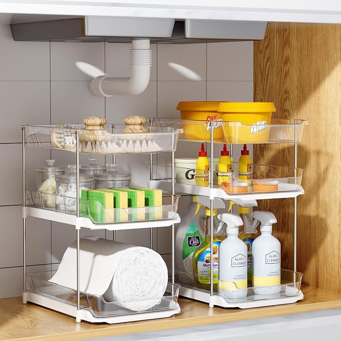 Delamu 2 Sets of 3-Tier Bathroom Under Sink Organizers and Storage, Multi-Purpose Stackable Pantry Organization and Storage, Pull Out Clear Kitchen Bathroom Cabinet Organizer with Movable Dividers | Storage - Image 8